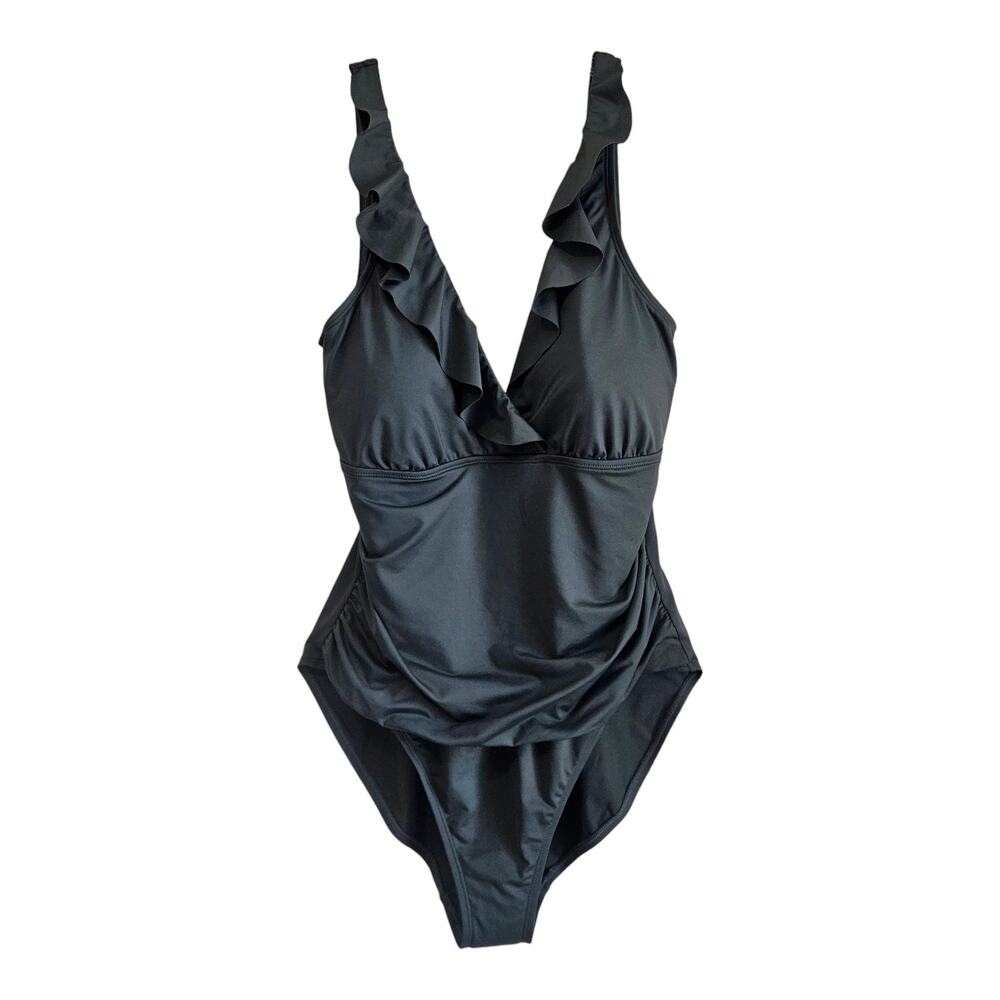 LAUREN RALPH LAUREN Women's 16 Ruffle Surplice Swimsuit 1 Piece Olive Ruched